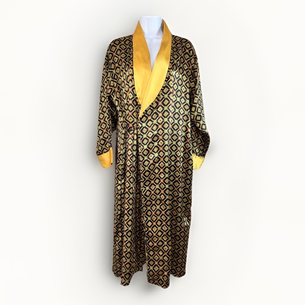 Vintage Victoria'sâ Secret Silky Robe Medium Black and Gold 90s Mob Wife Jersey